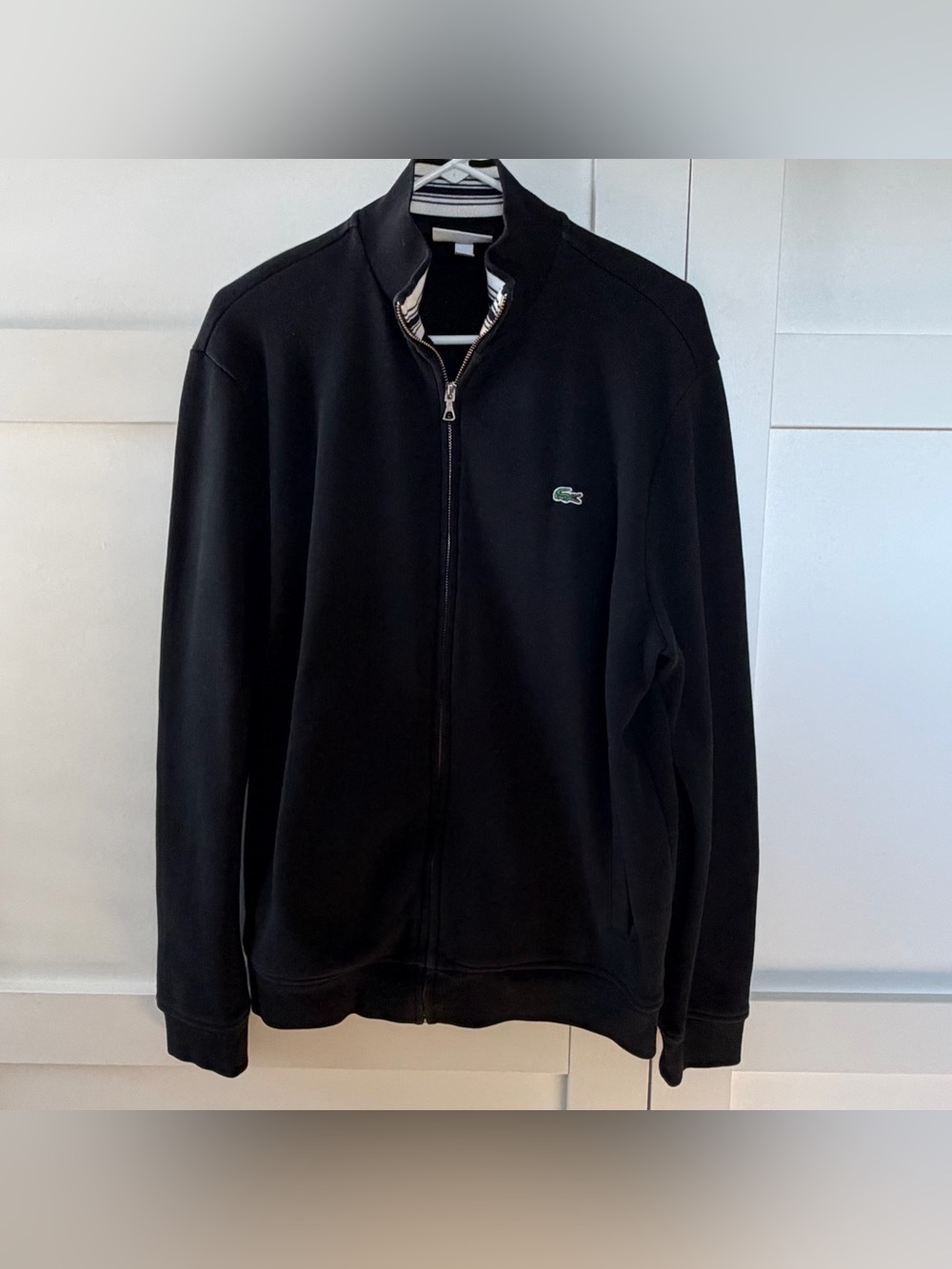Lacoste Men's Black Full-Zip Sweater with Green Croc Logo